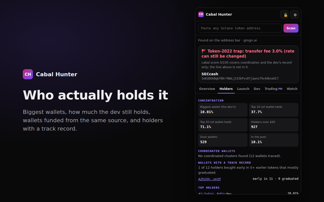 The Holders tab: biggest wallets, top-10 and top-50 concentration, coordinated wallets and holders with a track record