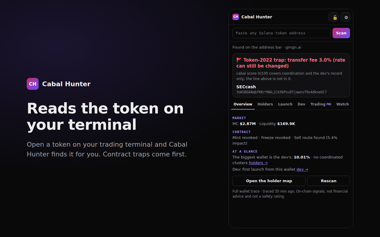 The Cabal Hunter side panel showing a Token-2022 transfer-fee trap first, above market cap, liquidity and contract checks