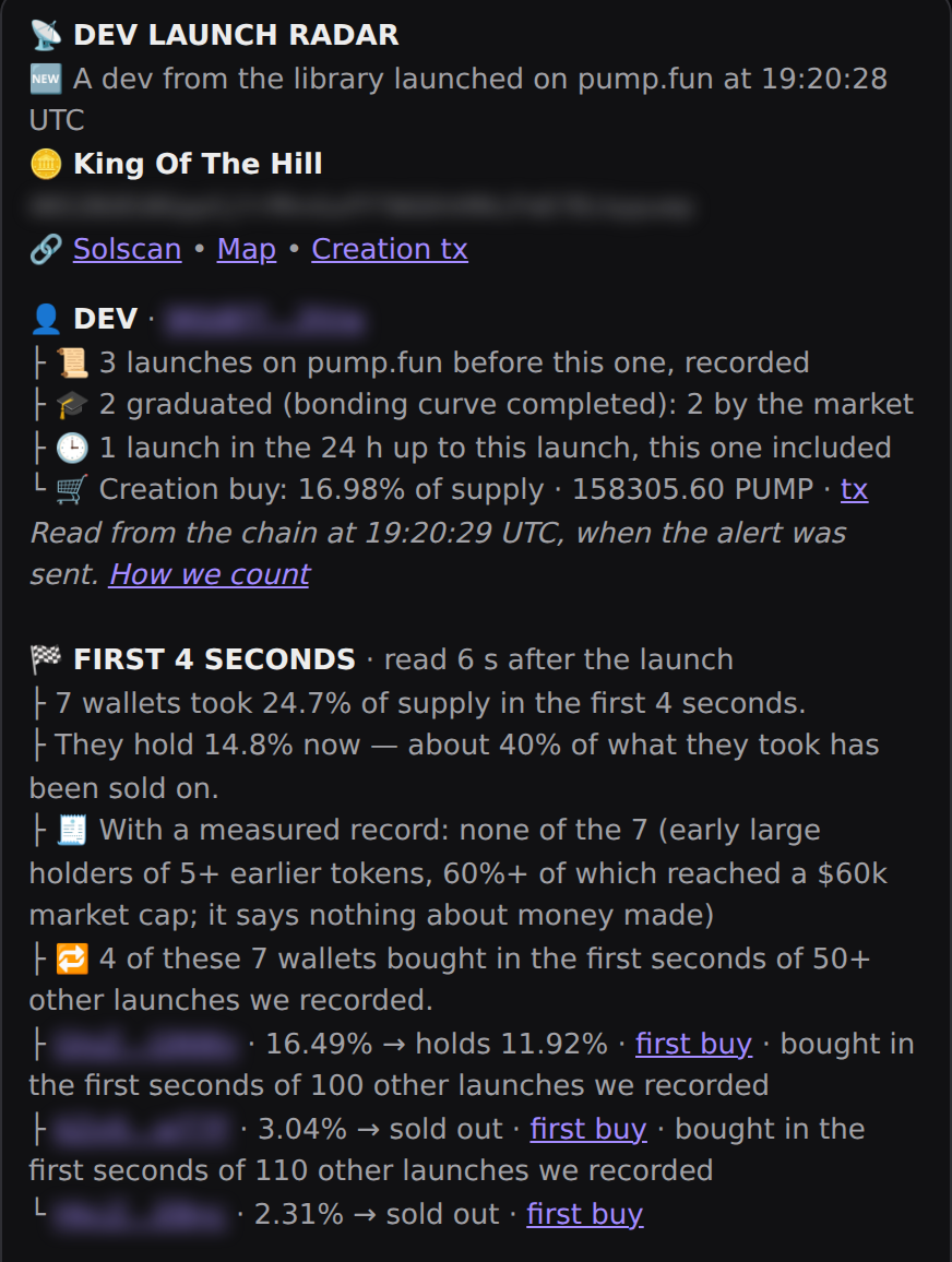 A real Dev Launch Radar alert: the dev's record read from the chain and every wallet in the first four seconds, addresses blurred